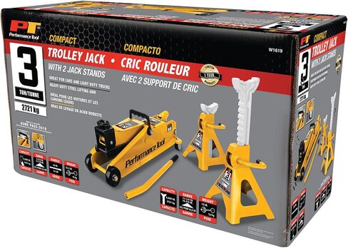 Performance Tool W1619 3 Ton Trolley Jack and Jack Stands: 6000 lb Capacity, 5.75-17.125-in Lift, 11.25-16.75-in Height Ratchet-Style Jack Stands, Swivel Casters and Steel Wheels, High-Viz Yellow in Saudi Arabia