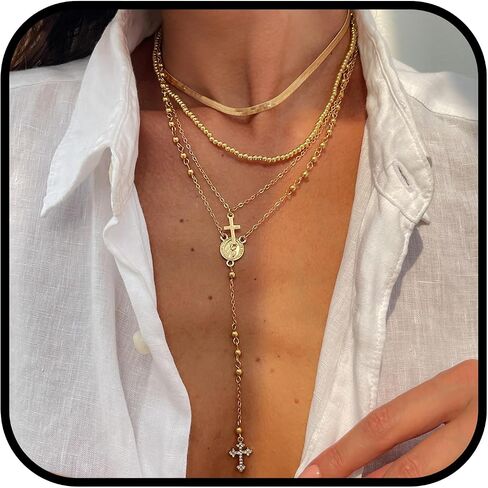 Dainty Cross Y Layered Long Chain Necklace for Women Religious Catholic Virgin Mary Pendant Hypoallergenic Layered Chain Lariat Trendy Jewelry Gift for Her in Saudi Arabia