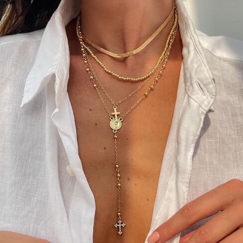 Dainty Cross Y Layered Long Chain Necklace for Women Religious Catholic Virgin Mary Pendant Hypoallergenic Layered Chain Lariat Trendy Jewelry Gift for Her in Saudi Arabia