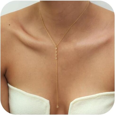 Lariat Gold Necklace for Women, Dainty Long Necklace Y-Shaped Layered Beaded Chain Drop 14k Gold Plated/Silver Necklaces Trendy CZ Diomand Simple Jewelry for Women Gift in Saudi Arabia