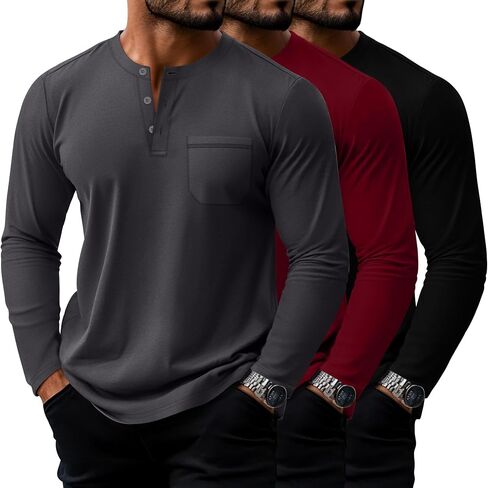 مجموعة من 3 قمصان رجالية كبيرة وطويلة من Riyiper، تي شيرتات قطنية بأكمام طويلة من Henley، 3 أزرار فضفاضة، بلوفر كاجوال وجيب، تي شيرت علوي in Kuwait