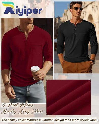 مجموعة من 3 قمصان رجالية كبيرة وطويلة من Riyiper، تي شيرتات قطنية بأكمام طويلة من Henley، 3 أزرار فضفاضة، بلوفر كاجوال وجيب، تي شيرت علوي in Kuwait