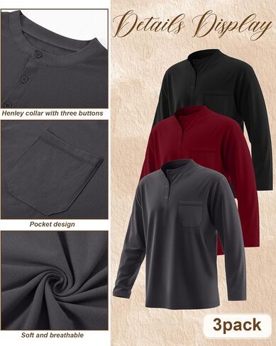 مجموعة من 3 قمصان رجالية كبيرة وطويلة من Riyiper، تي شيرتات قطنية بأكمام طويلة من Henley، 3 أزرار فضفاضة، بلوفر كاجوال وجيب، تي شيرت علوي in Kuwait