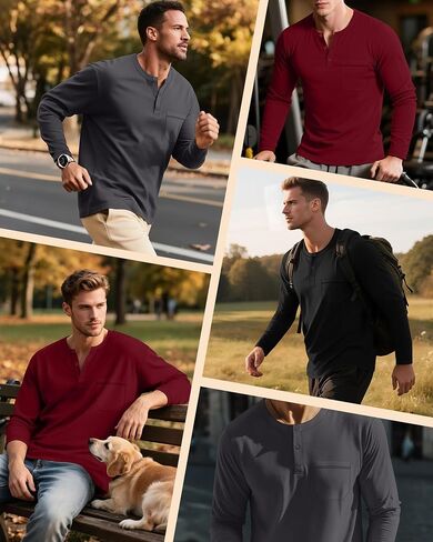 مجموعة من 3 قمصان رجالية كبيرة وطويلة من Riyiper، تي شيرتات قطنية بأكمام طويلة من Henley، 3 أزرار فضفاضة، بلوفر كاجوال وجيب، تي شيرت علوي in Kuwait
