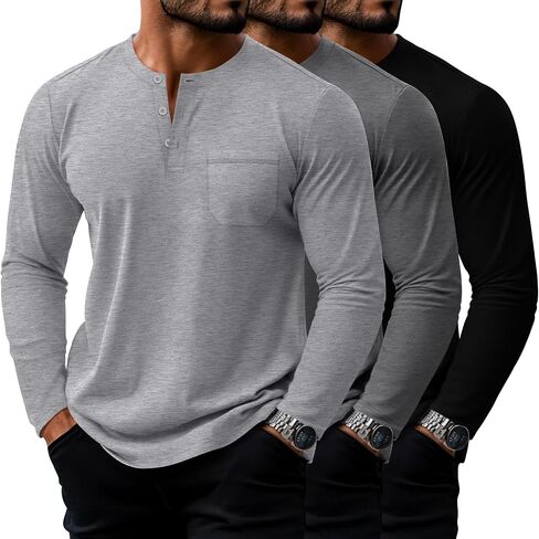Riyiper 3 Pack Men's Big and Tall Shirts, Cotton Long Sleeve Henley T-Shirts 3-Button Loose Casual Pullover Pocket Tees Tops in Saudi Arabia