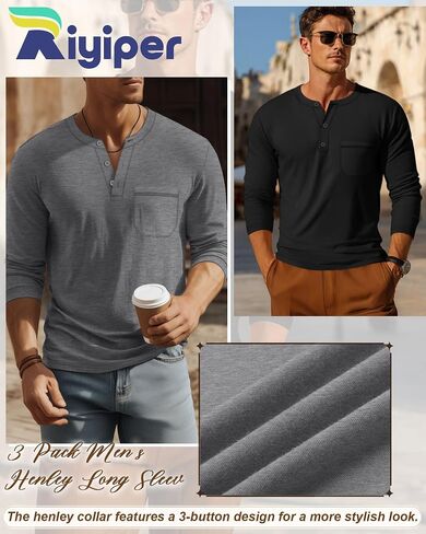 Riyiper 3 Pack Men's Big and Tall Shirts, Cotton Long Sleeve Henley T-Shirts 3-Button Loose Casual Pullover Pocket Tees Tops in Saudi Arabia