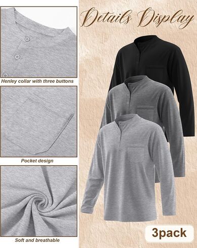 Riyiper 3 Pack Men's Big and Tall Shirts, Cotton Long Sleeve Henley T-Shirts 3-Button Loose Casual Pullover Pocket Tees Tops in Saudi Arabia