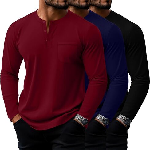 مجموعة من 3 قمصان رجالية كبيرة وطويلة من Riyiper، تي شيرتات قطنية بأكمام طويلة من Henley، 3 أزرار فضفاضة، بلوفر كاجوال وجيب، تي شيرت علوي in Kuwait