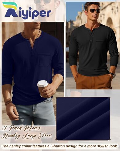 مجموعة من 3 قمصان رجالية كبيرة وطويلة من Riyiper، تي شيرتات قطنية بأكمام طويلة من Henley، 3 أزرار فضفاضة، بلوفر كاجوال وجيب، تي شيرت علوي in Kuwait