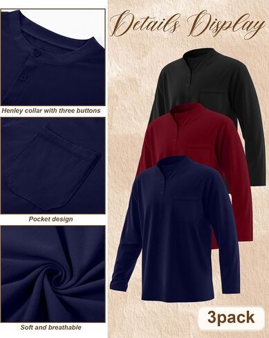 مجموعة من 3 قمصان رجالية كبيرة وطويلة من Riyiper، تي شيرتات قطنية بأكمام طويلة من Henley، 3 أزرار فضفاضة، بلوفر كاجوال وجيب، تي شيرت علوي in Kuwait