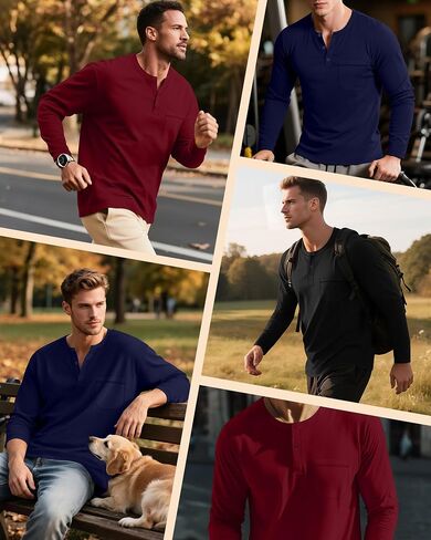 مجموعة من 3 قمصان رجالية كبيرة وطويلة من Riyiper، تي شيرتات قطنية بأكمام طويلة من Henley، 3 أزرار فضفاضة، بلوفر كاجوال وجيب، تي شيرت علوي in Kuwait