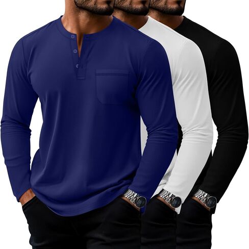 مجموعة من 3 قمصان رجالية كبيرة وطويلة من Riyiper، تي شيرتات قطنية بأكمام طويلة من Henley، 3 أزرار فضفاضة، بلوفر كاجوال وجيب، تي شيرت علوي in Kuwait