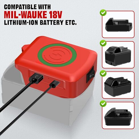 شاحن لاسلكي محمول لبطارية ميلووكي M-18 ليثيوم أيون 18 فولت، شاحن هاتف سريع 15 وات مع مخرج USB ونوع C لهاتف iPhone، وSamsung (بدون بطارية) in Kuwait