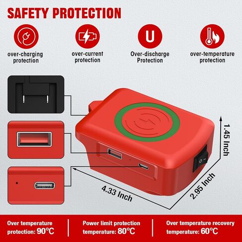 شاحن لاسلكي محمول لبطارية ميلووكي M-18 ليثيوم أيون 18 فولت، شاحن هاتف سريع 15 وات مع مخرج USB ونوع C لهاتف iPhone، وSamsung (بدون بطارية) in Kuwait