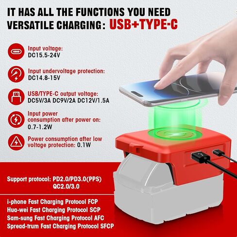 شاحن لاسلكي محمول لبطارية ميلووكي M-18 ليثيوم أيون 18 فولت، شاحن هاتف سريع 15 وات مع مخرج USB ونوع C لهاتف iPhone، وSamsung (بدون بطارية) in Kuwait