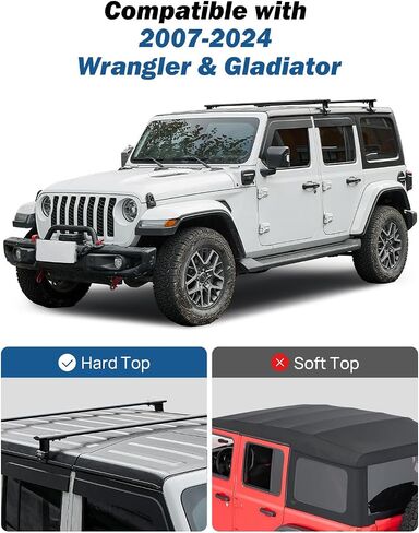 قضبان متقاطعة لرف السقف من JOYTUTUS متوافقة مع 2007-2025 Wrangler JK JL & Gladiator JT (فقط للجزء العلوي الصلب)، 550 رطل من القضبان المتقاطعة على السطح العلوي للأمتعة ودراجة التزلج على الجليد وقضبان حمل البضائع in Kuwait
