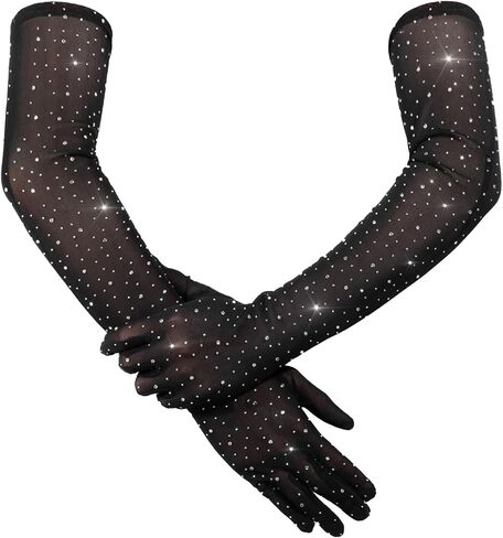 Yolev Rhinestone Gloves Glitter Fishnet Gloves Sparkle Black Sheer Glove Elbow Long Mesh Arm Sleeve for Women Men Wedding Prom Costume Halloween Evening Party Favors 20s Opera Accessories in Saudi Arabia