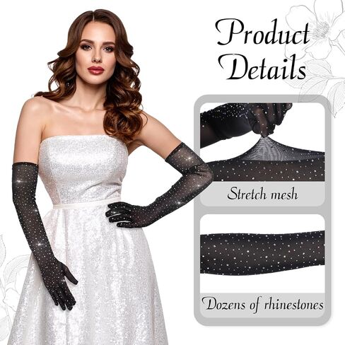 Yolev Rhinestone Gloves Glitter Fishnet Gloves Sparkle Black Sheer Glove Elbow Long Mesh Arm Sleeve for Women Men Wedding Prom Costume Halloween Evening Party Favors 20s Opera Accessories in Saudi Arabia