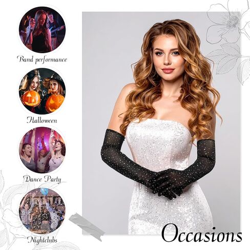 Yolev Rhinestone Gloves Glitter Fishnet Gloves Sparkle Black Sheer Glove Elbow Long Mesh Arm Sleeve for Women Men Wedding Prom Costume Halloween Evening Party Favors 20s Opera Accessories in Saudi Arabia