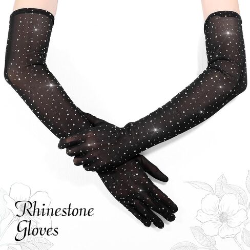 Yolev Rhinestone Gloves Glitter Fishnet Gloves Sparkle Black Sheer Glove Elbow Long Mesh Arm Sleeve for Women Men Wedding Prom Costume Halloween Evening Party Favors 20s Opera Accessories in Saudi Arabia