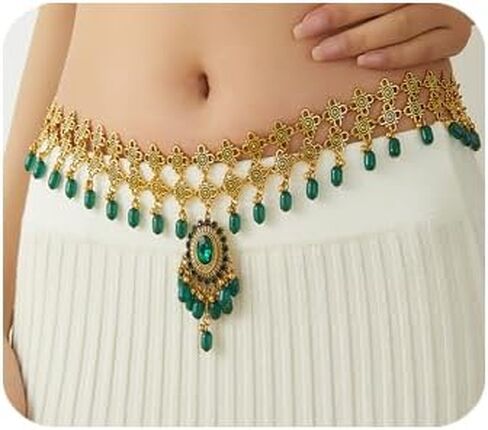Bohemian Ethnic Waist Chain Vintage Indian Golden Belly Chain Crystal Beads Dangle Belly Chain Crystal Rhinestone Body Chain Wedding Party Prom Waist Chain for Women in Saudi Arabia