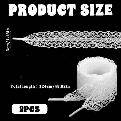 2 Pairs White Lace Ribbon Shoelaces for Women Sneakers, 49 Inch Flat Ribbon Lace Shoe Laces, Fancy Hollow White Laces Decorative Shoelaces for Women, Girls, Sneaker Shoe Strings in Saudi Arabia