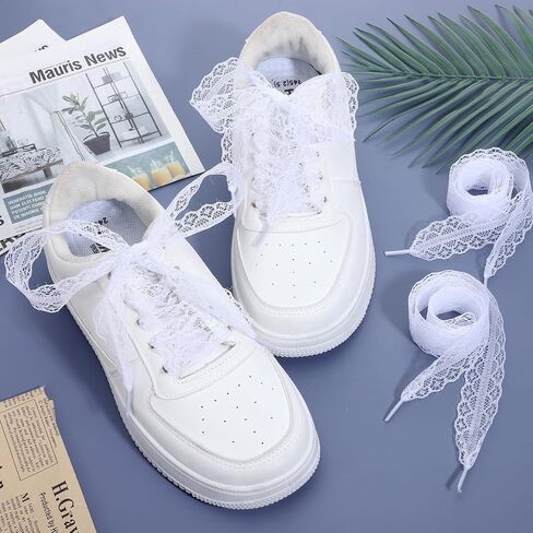 2 Pairs White Lace Ribbon Shoelaces for Women Sneakers, 49 Inch Flat Ribbon Lace Shoe Laces, Fancy Hollow White Laces Decorative Shoelaces for Women, Girls, Sneaker Shoe Strings in Saudi Arabia