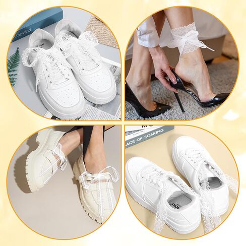 2 Pairs White Lace Ribbon Shoelaces for Women Sneakers, 49 Inch Flat Ribbon Lace Shoe Laces, Fancy Hollow White Laces Decorative Shoelaces for Women, Girls, Sneaker Shoe Strings in Saudi Arabia