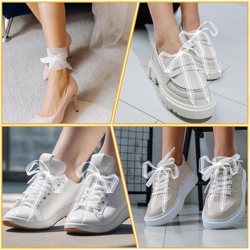 2 Pairs White Lace Ribbon Shoelaces for Women Sneakers, 49 Inch Flat Ribbon Lace Shoe Laces, Fancy Hollow White Laces Decorative Shoelaces for Women, Girls, Sneaker Shoe Strings in Saudi Arabia