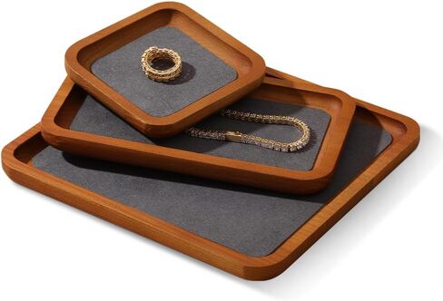 Wooden Jewelry Display Tray Rounded Rectangle Ring Showcase Stackable Elegant Bracelet Watch Jewelry Organizer for Personal Use and Commerce (Old Lace, Small-W 3.9'' x H 0.6'' x L 3.9'') in Saudi Arabia