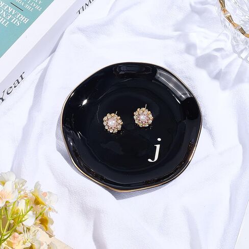 Beebeecraft Porcelain Jewelry Tray Black Letter K Irregular Round Jewelry Tray Plate for Ring Earring Bracelet Necklace Storage Display Home Decor in Saudi Arabia
