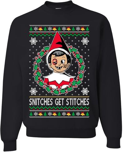 Wild Bobby Snitches Get Stitches Elf On A Ugly Christmas Sweater Unisex Crewneck Sweatshirt in Saudi Arabia