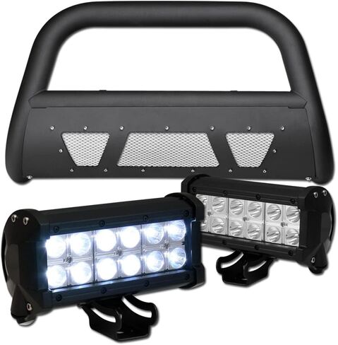 7422446095052 Compatible with 2003-2008 Honda Pilot / 2006-2014 Ridgeline Matte Black Studded Mesh Style Bull Bar Guard with Skid Plate + 36W CREE LED Fog Lights in Saudi Arabia