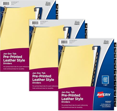 فواصل Avery Jan-Dec لـ 3 مجلدات حلقية، مجموعة 12 علامة تبويب، علامات تبويب جلدية سوداء مطبوعة مسبقًا، 3 مجموعات فواصل مجلد (26180) in Kuwait