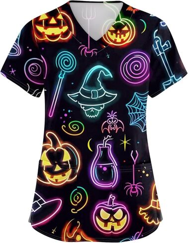 Halloween Scrub Tops Women V Neck Short Sleeve Scrubs Horror Printed Nursing Uniforms with Pockets in Kuwait