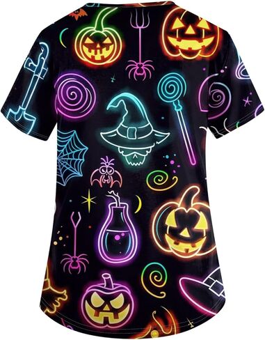 Halloween Scrub Tops Women V Neck Short Sleeve Scrubs Horror Printed Nursing Uniforms with Pockets in Kuwait