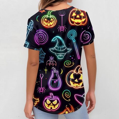 Halloween Scrub Tops Women V Neck Short Sleeve Scrubs Horror Printed Nursing Uniforms with Pockets in Kuwait