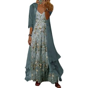 Womens's Casual 2 Piece Set Boho Floral Print Maxi Dress with Cardigan Flowy Chiffon Wedding Guest Dresses for Women in Saudi Arabia