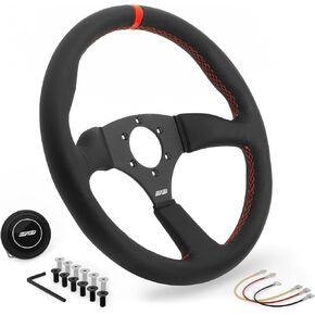 DND Performance Interior's Leather Touring Steering Wheel / 350mm Diameter and 50mm Depth / 6x70mm Bolt Pattern/DND Leather Steering Wheel with Horn Button Included (Colored Stitching) (Red) in Saudi Arabia
