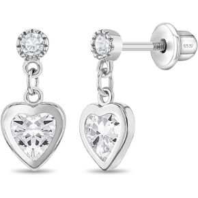 925 Sterling Silver Girl's Pink CZ Heart Dangle Earrings with Safety Screw Backs - Hypoallergenic Toddler Earrings for Kids with Cubic Zirconia Stones for Young Girls in Kuwait