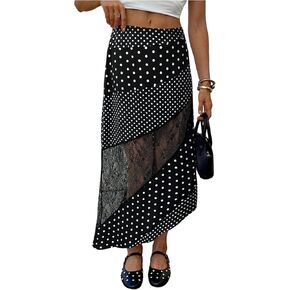 تنورة MakeMeChic النسائية للخريف متوسطة الطول تنورة مكشكشة غير متماثلة من الدانتيل بوهو منقوشة بالورود in Kuwait