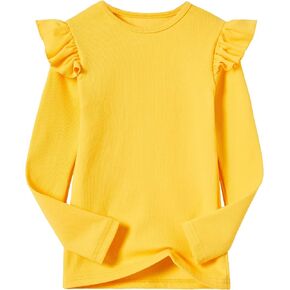 تي شيرت بناتي بأكمام طويلة من القطن بنسيج مضلع وقمصان للأطفال الصغار برقبة دائرية دافئة قابلة للتمدد in Kuwait