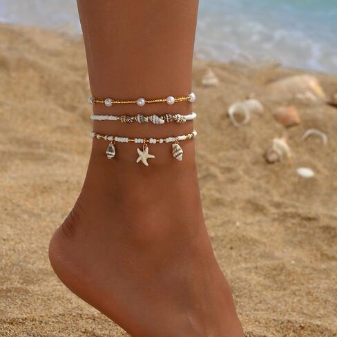 Ankle Bracelets for Women Waterproof Elastic Pearl Beaded Anklets Beach Jewelry for Women Seashell Starfish Conch Shell Anklet Bracelet Summer Hawaiian Foot Jewelry in Saudi Arabia