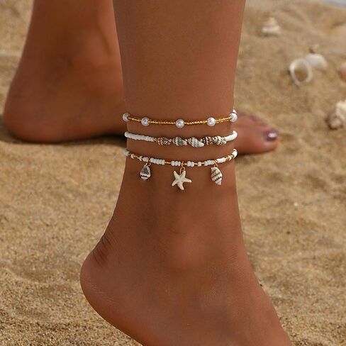 Ankle Bracelets for Women Waterproof Elastic Pearl Beaded Anklets Beach Jewelry for Women Seashell Starfish Conch Shell Anklet Bracelet Summer Hawaiian Foot Jewelry in Saudi Arabia