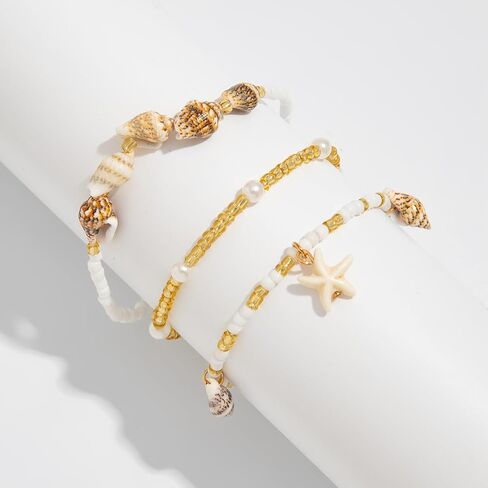 Ankle Bracelets for Women Waterproof Elastic Pearl Beaded Anklets Beach Jewelry for Women Seashell Starfish Conch Shell Anklet Bracelet Summer Hawaiian Foot Jewelry in Saudi Arabia