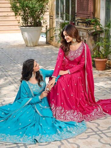Women's American Silk Sequence Embroidery Long Anarkali Kurti Gown With Dupatta in Saudi Arabia