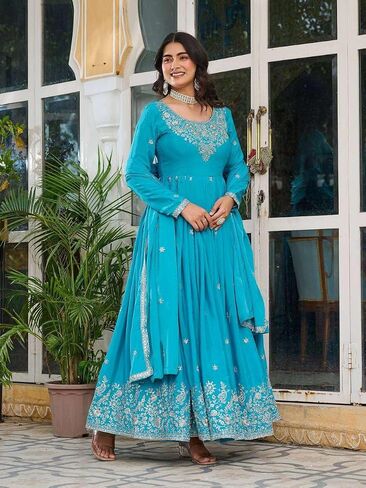 Women's American Silk Sequence Embroidery Long Anarkali Kurti Gown With Dupatta in Saudi Arabia