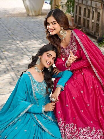 Women's American Silk Sequence Embroidery Long Anarkali Kurti Gown With Dupatta in Saudi Arabia