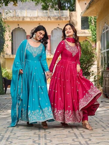 Women's American Silk Sequence Embroidery Long Anarkali Kurti Gown With Dupatta in Saudi Arabia