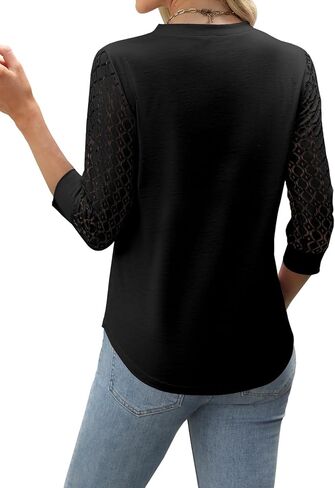 بلوزات نسائية صيفية بأكمام 3/4 بلوزات أنيقة قمصان غير رسمية للنساء موضة الربيع تيشيرتات دانتيل برقبة على شكل V in Kuwait